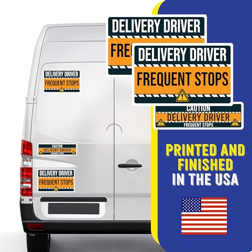 Image of Caution Delivery Driver Frequent Stops Bumper Sticker, 3 Pack, Adhesive Sticker for Vehicles, Two 12x8 inch and One 3x10 inch, Decal for Delivery Cars, Trucks, Van, Full-Color Print, Made in USA
