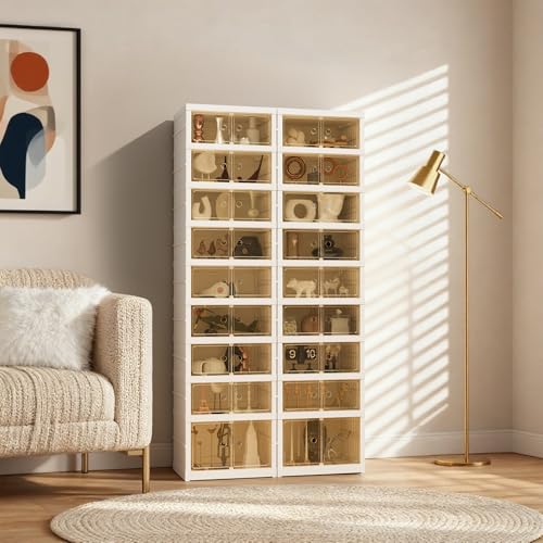 Image of Foldable Shoe Organizer Storage Box Set of 2, Portable Extra Large Folding Shoe Rack for Closet, Shoe Storage Box with Magnetic Transparent Door and Wheels, 9 Layers 18 Grids with 2 Big Grids