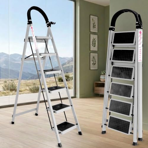 Image of Casa Copenhagen White 6 Step Ladder for Home Use with Built-in Tool Tray | Heavy Duty D Shape Rods | Ultra Large Platform | Wide Rubber Feet | 150Kg Capacity Foldable Ladder - 7 Years Warranty