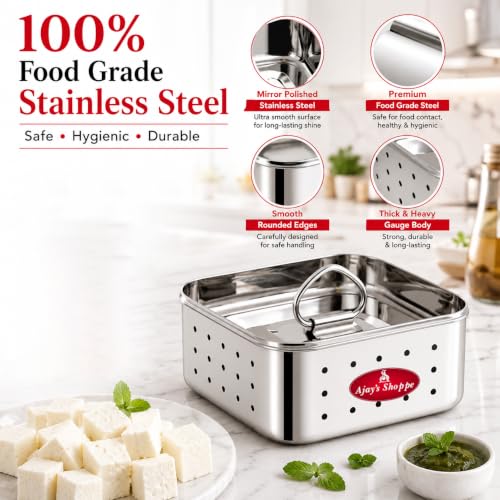 Image of Ajay's Shoppe Stainless Steel Paneer Maker - 350 ML Square Shape, Easy Paneer & Tofu Press for Homemade Perfection (13.7 x 4.5 CM)
