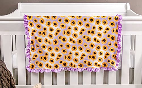 Top Tots Baby Blanket - Small Sunflowers With Purple Minky Dot & Satin Ruffle, 31 X 31 Inch Yellow #TOP3