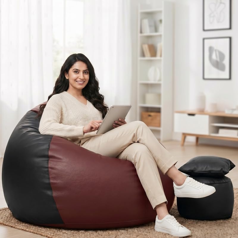 Image of Biggie Bean Bag 7XL Bean Bag Chair with Beans Filled - The Classics Bean Bag Sofa - Combo Set-Styled for Elegance with Free Cushion & Footrest (Matching Color : Xenza Maroon-Black)