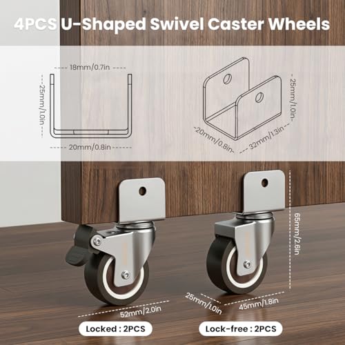 Image of HASTHIP 4PCS 1 Inch U-Shaped Swivel Caster Wheels, Heavy Duty 360 Rotating TPR Wheels, Quiet Rolling Furniture Casters with U-Bracket Mount & Screws for Cart, Shelf, Workbench & DIY Projects