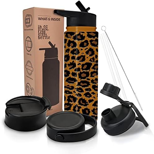 Brown Leopard Print 24oz Water Bottle with Straw 4 Lids For School Insulated Birthday Gifts For Women,Gift Ideas for Leopard Lovers Christmas Gifts for Best Friends Sister Mom
