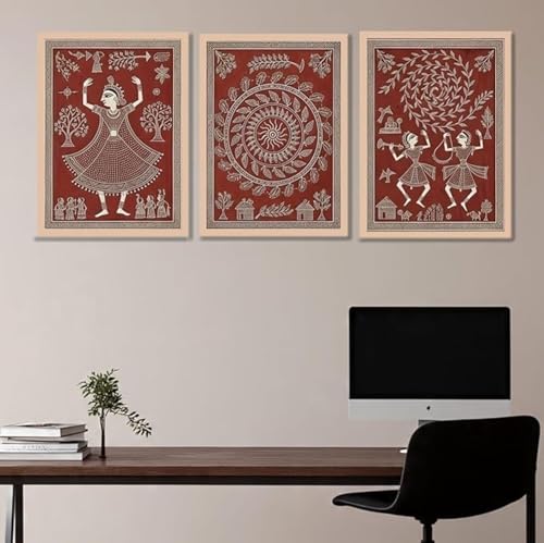 Image of ARAkri Traditional Maharashtra Warli Art Painting, Rustic Tribal Indian Folk Art Framed set, Wall decor Ideas for Home Office (Art 4, 10 x 13 inch)