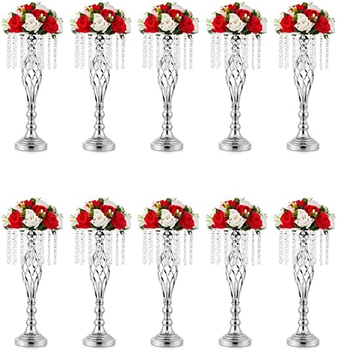 Inweder Silver Vases for Wedding Centerpieces - 2 Pcs Metal Flower Stand with Chandelier Crystals 55cm Tall Flower Vase Flower Holder Wedding Decorations for Tables Event Birthday Home Decoration