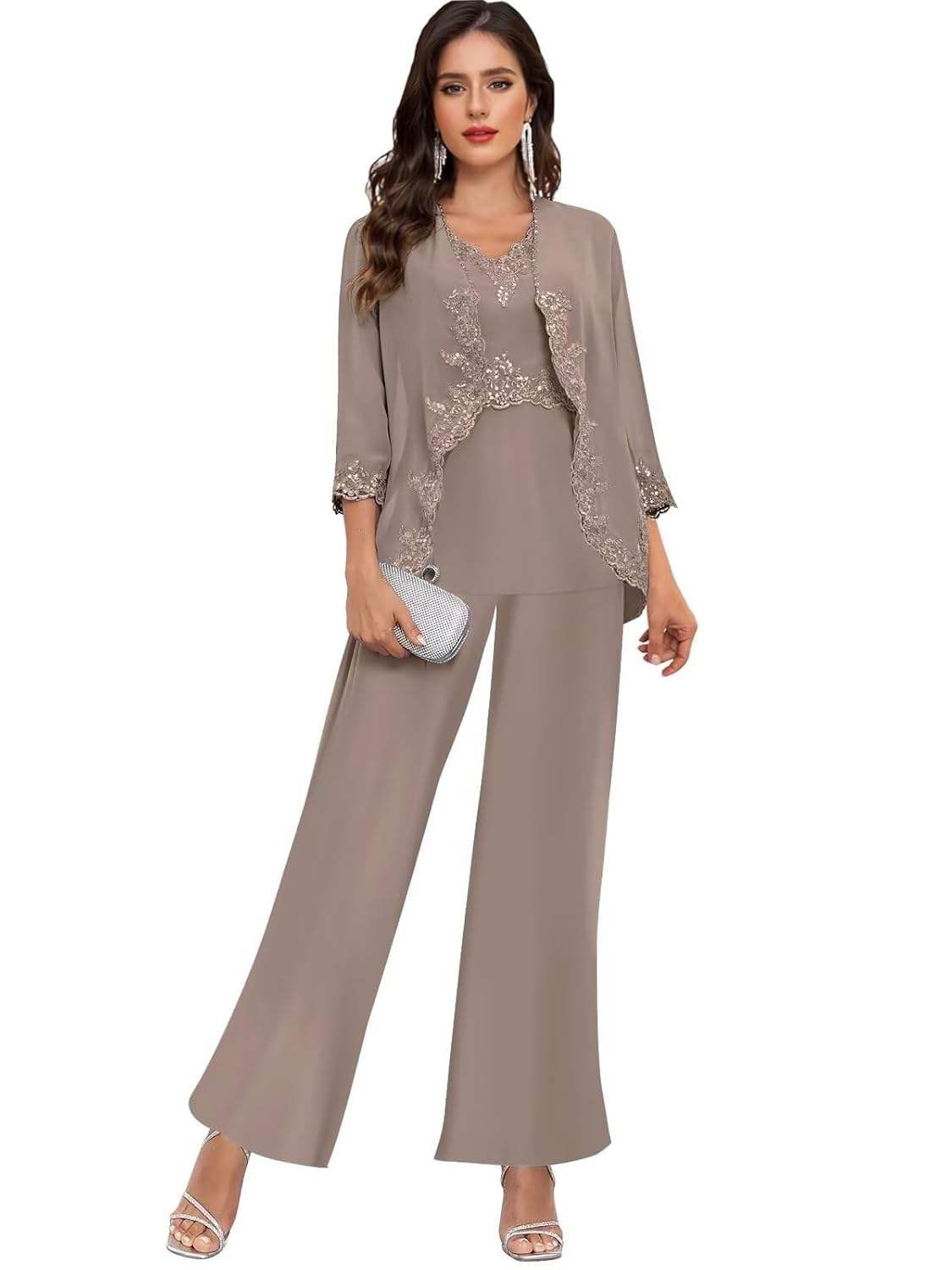 Mother of The Bride Pant Suits for Wedding 3 4 Sleeve - Chiffon Lace Beaded Grandmother of The