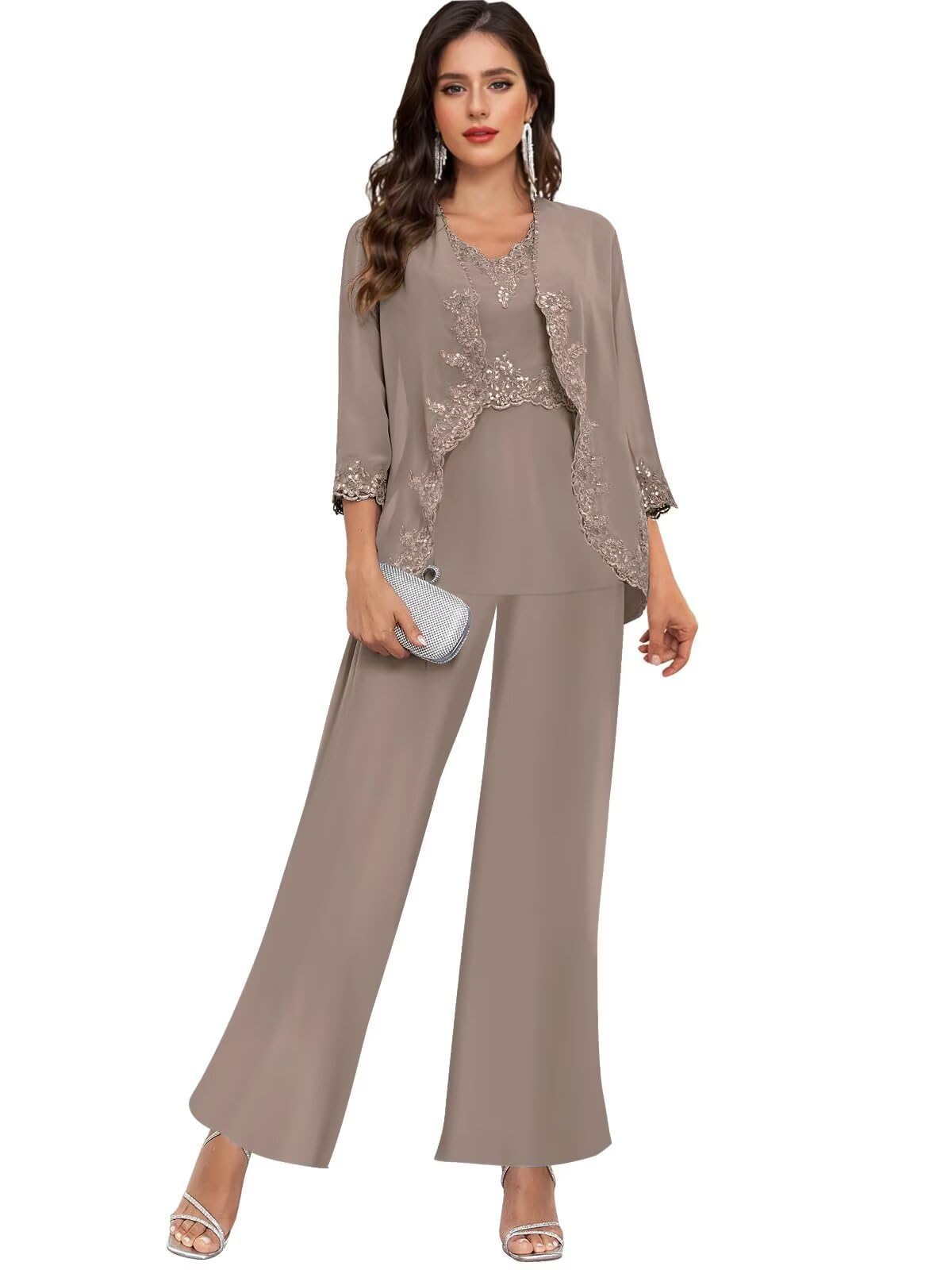 Mother of The Bride Pant Suits for Wedding 3 4 Sleeve - Chiffon Lace Beaded Grandmother of The