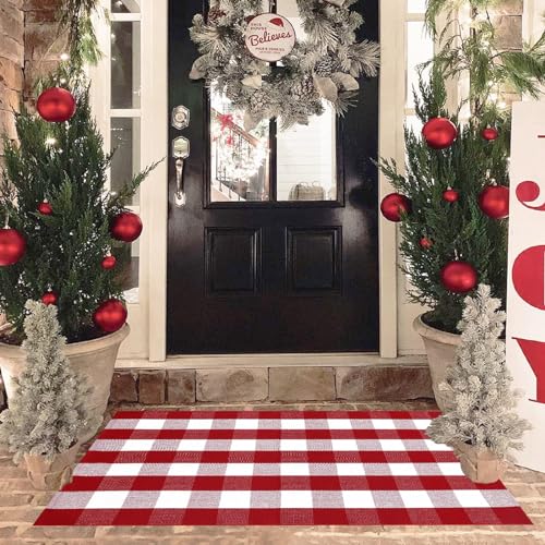 Alfombra de cuadros rojos y blancos de Navidad, 3 x 5 pies, para decoración de puerta delantera, de algodón, lavable, tejida a mano, para Navidad, Año Nuevo, vacaciones, porche, entrada, felpudo en
