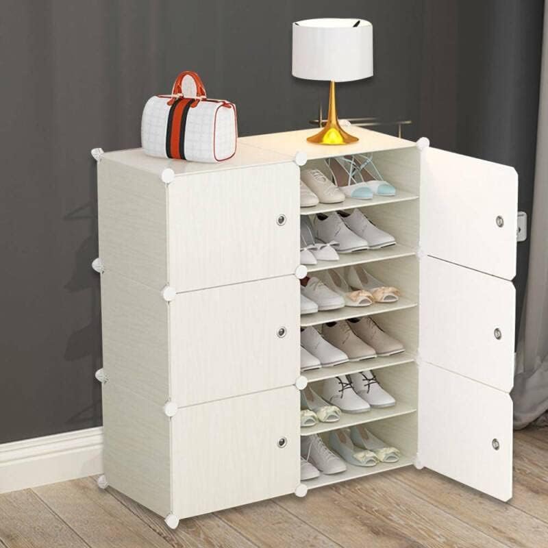 Youyijia 2 x 6 Tier Shoe Storage Portable Shoe Rack Organiser 90 x 80 x 30 cm Plastic Shoe Cabinet DIY Adjustable Shelving Stackable Storage Shelf Unit with Door for 24 Pair Shoes Toys Clothing White
