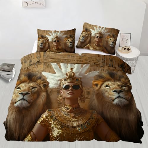 Juego de ropa de cama doble con diseño de diosa y león, para cama doble, diseño de Egipto antiguo, 3 piezas, con 2 fundas de almohada