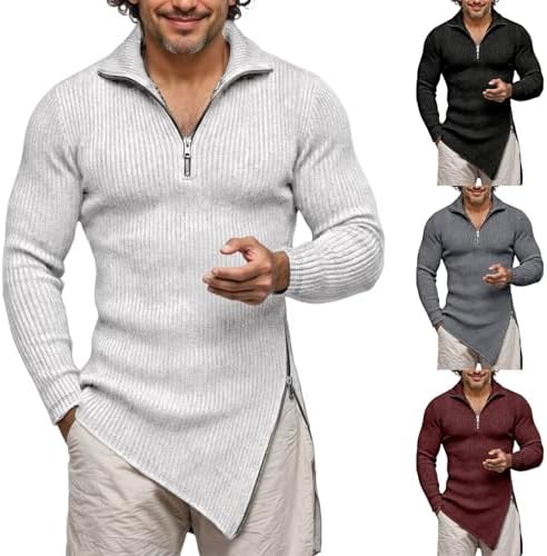 Muscle Shirts for Men Quarter Zip Long Sleeve Knit Stand Collar Ribbed Slim Fit V Neck Mens Fashion Pullover Tees