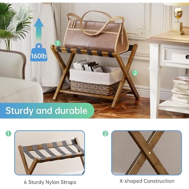 SMIBUY Luggage Rack, Set of 2, Foldable Bamboo Suitcase Stand with Storage Shelf for Guest Room, Bedroom, Hotel, Heavy-Duty (Walnut)