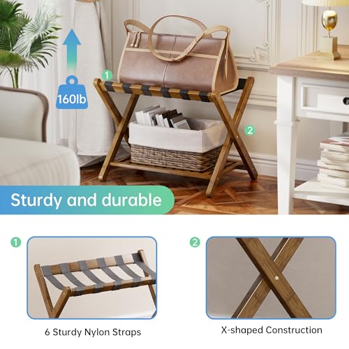SMIBUY Gepäckträger, faltbarer Kofferständer aus Bambus mit Ablagefächern für Gästezimmer, Schlafzimmer, Hotel, Schwerlast (Walnussfarben)