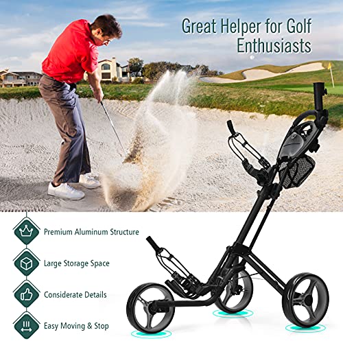 Tangkula Golf Push Pull Cart, Lightweight Folding 3 Wheels Golf Push Cart, Golf Trolley W/Storage Bag & Beverage Holder, Foot Brake, Adjustable Umbrella Holder, 4 Height Position Handle (Gray) #TOP6