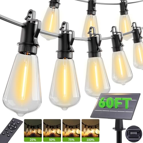 OOOLED 60FT Solar String Lights Outdoor Waterproof with Remote Shatterproof ST38 20 LED Bulbs 2700K Dimmable Solar Lights Outdoor Outside Hanging Lights for Patio Garden Camping Deck Backyard Decor
