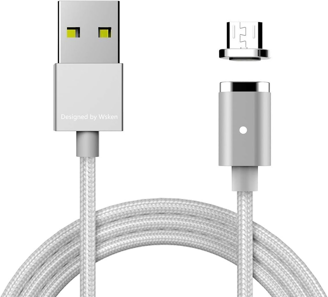 USB Magnetic Cable, WSKEN Mini2 Fast Charging Cable Nylon Braided Data Sync Charger LED Indicator Light Support Android Phones Compatible with Samsung,LG,Google,Huawei,Xiaomi,BlackBerry 3.3ft Silver