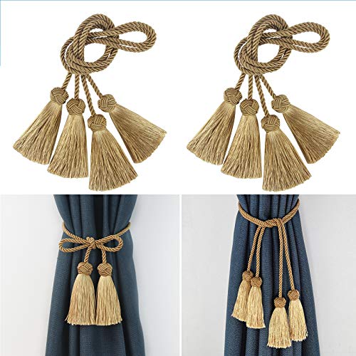 Porlau 4 Pack Curtain Tiebacks Rope Handmade Tassel Tie Backs Curtain Holdbacks for Office Home Decorative Drapery Tiebacks- Gold