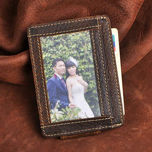 Image of Le'aokuu Genuine Leather Magnet Money Clip Credit Card Case Holder Slim Wallet
