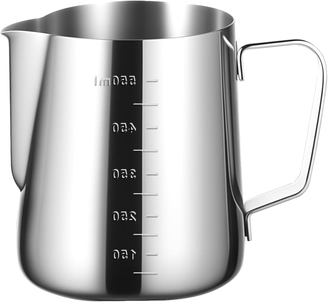 Milk Frothing Pitcher 20oz/600ml, 304 Stainless Steel Steaming Pitcher with Clear Scale & Sharp Spout for Barista, Latte Art and Home Espresso, Perfect for Cappuccino and Coffee