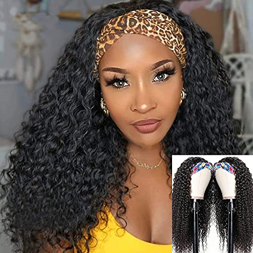 Deep Wave Headband Wigs Human Hair for Black Women Non Lace Front Wigs Brazilian Virgin Hair Deep Water Wave Wet and Wavy Human Hair Band Wig Glueless Machine Made Wigs 150% Density