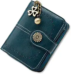 Carteira Feminina Compacta em Couro Azul com Zíper de Moedas, 6 Compartimentos e Detalhes Vintage Dourados – Sofisticação e Praticidade em Cada Detalhe