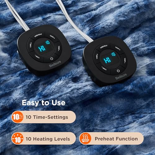 Image of Bedsure Faux Fur Electric Blanket Queen Size, Dual Control Heated Blanket Queen, Fast Heating Blanket with 10 Heating Levels & 10 Time Settings, Cozy Gifts for Women Men (84x90 inches, Denim Blue)