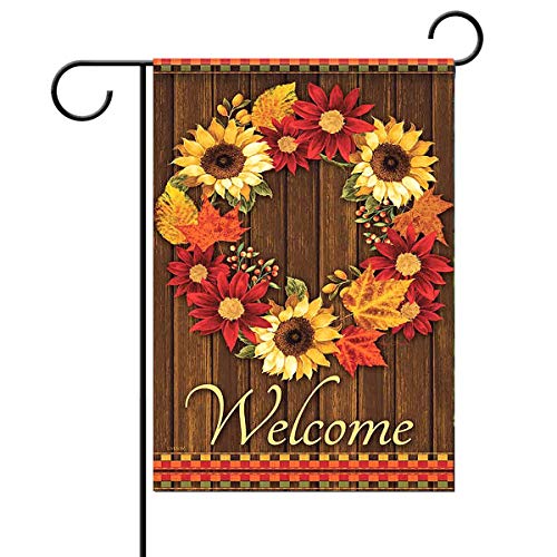 Alaza Welcome Wreath Sunflower Maple Leaves Cabin Double Sided House Flag Garden Banner 28" X 40", Flowers Wreath Summer Spring Autumn Fall Garden Flags For Anniversary Yard Outdoor Decoration #TOP4