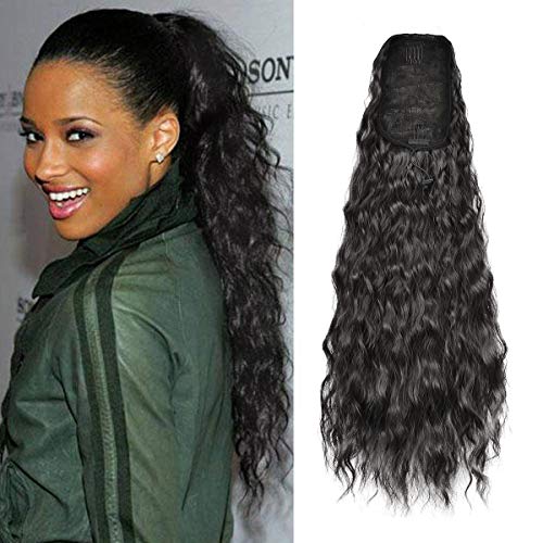 Sidaila 22 Inch Long Curly Drawstring Ponytail Hair Extensions Synthetic Corn Wave Ponytail Hairpieces for Black Women (Natural Black )