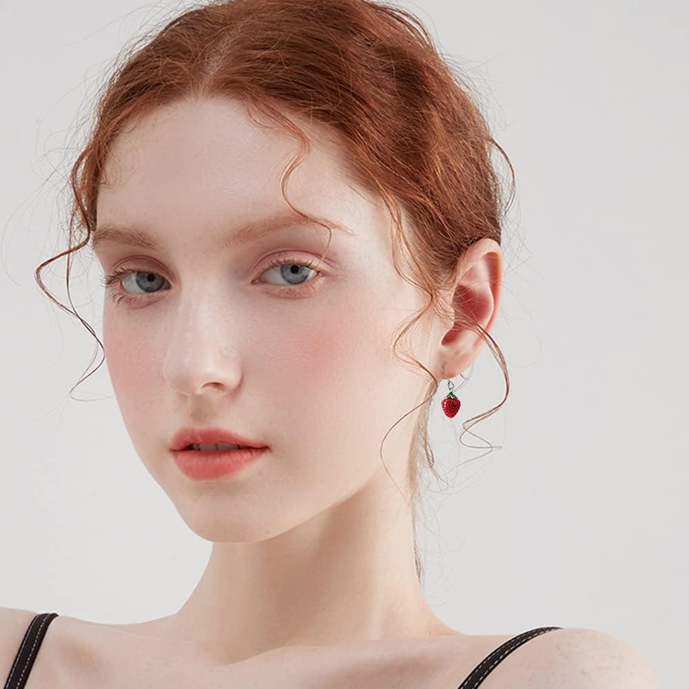 Cute CZ Strawberry 925 Sterling Silver Small Dangle Drop Earrings for Women Teen Girls Dainty Lovely Red Cubic Zirconia Fruit Short Dangling Hanging Hypoallergenic for Sensitive Ear Fashion Jewelry Gifts Her Daughter Bff Birthday Valentine's Day