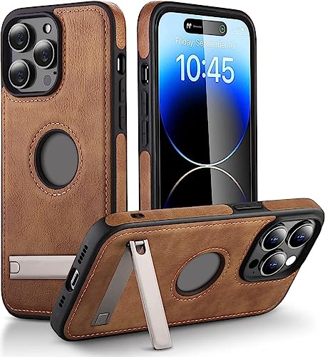 Coque en cuir iPhone 14 antichoc et support métal