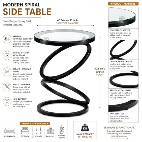 Image of Modern Black Side Table with Glass Top, Round End Table for Living Room & Bedroom