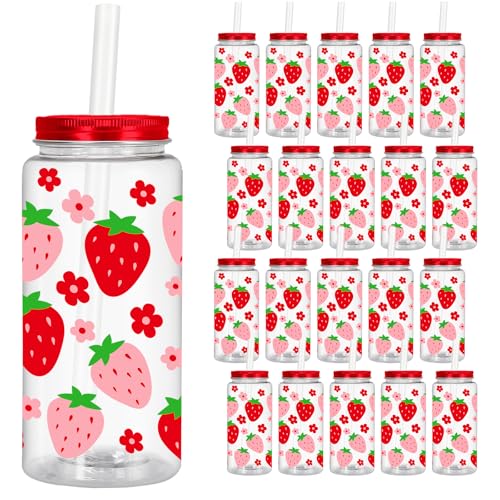 FYSUIMU 20 Pcs Strawberry Plastic Cups with Lids Straws Clear Reusable Mason Jar Red Pink Flower Strawberry Drinking Cups for Birthday Baby Shower Supplies 14 Oz