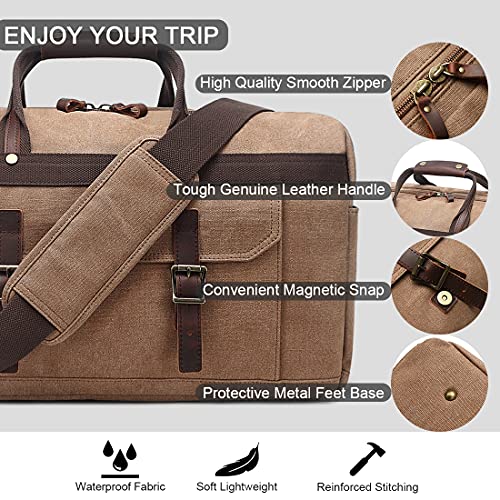 Image of Duffle Bag for Men Waterproof Genuine Leather Canvas Travel Duffel Bags for Women Overnight Weekender Bag for Traveling