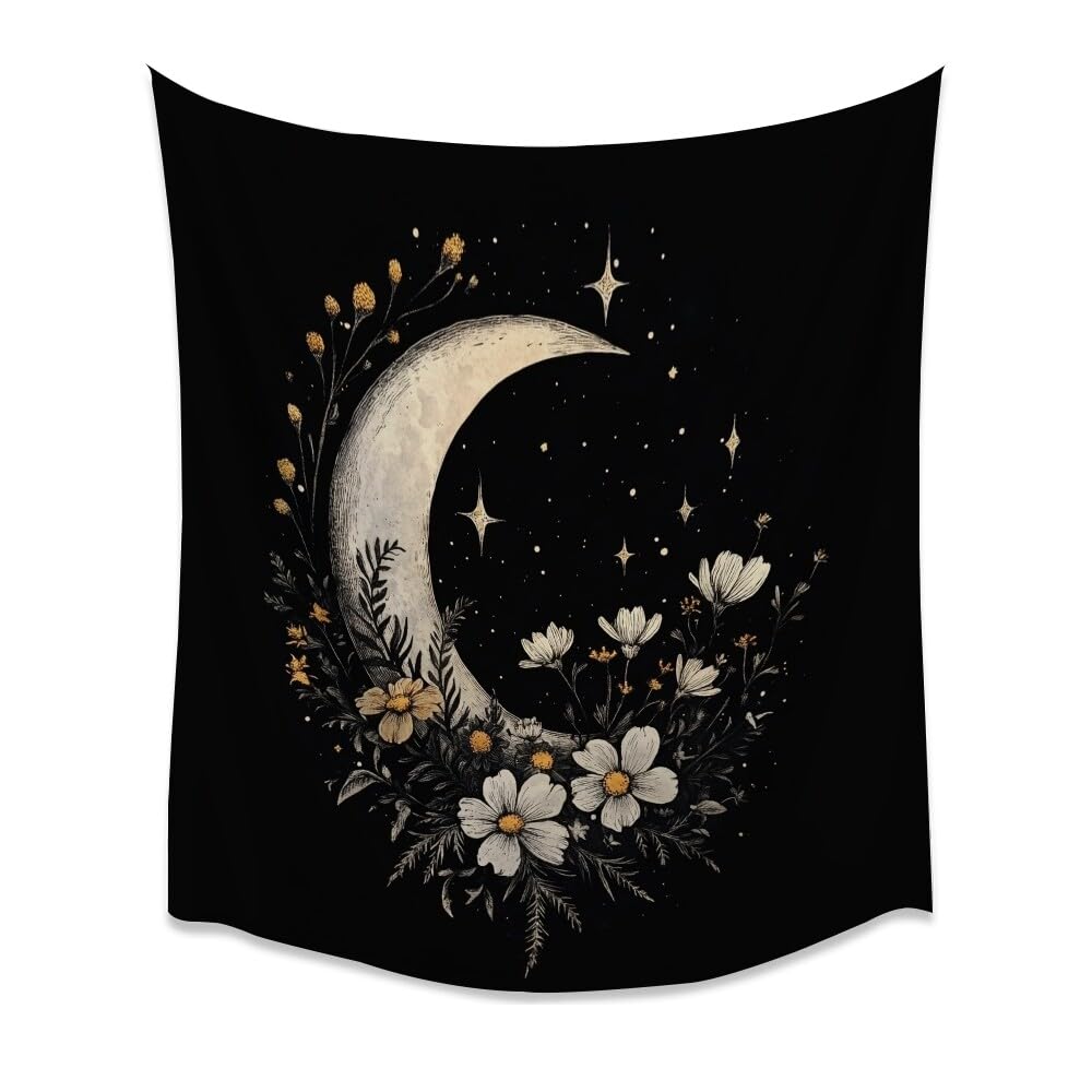 Heltrappe Minimalist Dark Florals Tapestries Wall Hanging Vintage Moon and Stars Tapestry Dark Academia Tapestry for Bedroom Living Room Dorm Wall