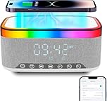 Jimhaby Radio Alarm Clock Bedside, Atmosphere Digital Alarm Clocks with 15W Wireless Charger, 5.3 Bluetooth Speaker, Fast Qi Wireless Charger, FM Radio, USB Charging Port, Table Lamp for Bedroom, Des