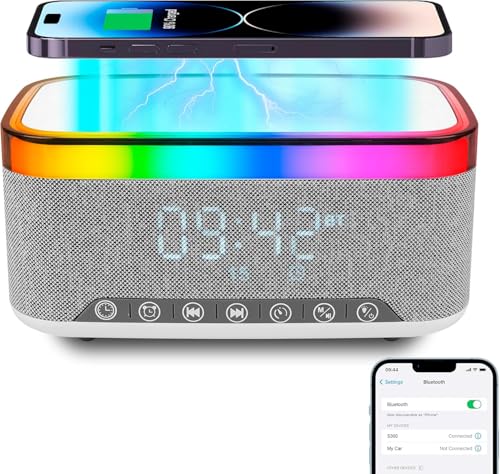 Jimhaby Radio Alarm Clock Bedside, Atmosphere Digital Alarm Clocks with 15W Wireless Charger, 5.3 Bluetooth Speaker, Fast Qi Wireless Charger, FM Radio, USB Charging Port, Table Lamp for Bedroom, Des