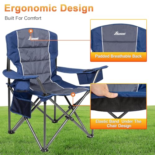 Image of Romswi Oversized Camping Chairs,Heavy Duty Support 500 LBS,Padded Back & Arm Sport Chairs, Cup Holder Cooler Bag, Collapsible Folding Chairs for Outdoor, Fishing & Garden, Blue,2-Pack