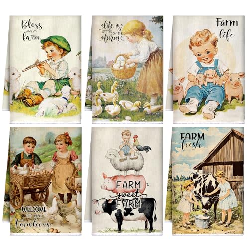 FuWeave 6 Pcs Farm Animal Kitchen Towels Country Retro Dish Towels Farmhouse Vintage Themed Absorbent Tea Hand Washcloth Rustic Gifts for Farm Animal Lovers Bathroom Decor Housewarming Gifts