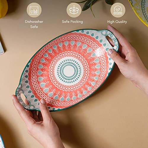 Image of Nestasia Mandala Ceramic Long Dish with Handles (10.8 Inch) - Elegant Oval Serving Platter for Snacks, Appetizers, Salads, and Noodles | Microwave & Dishwasher Safe (Red & Green)
