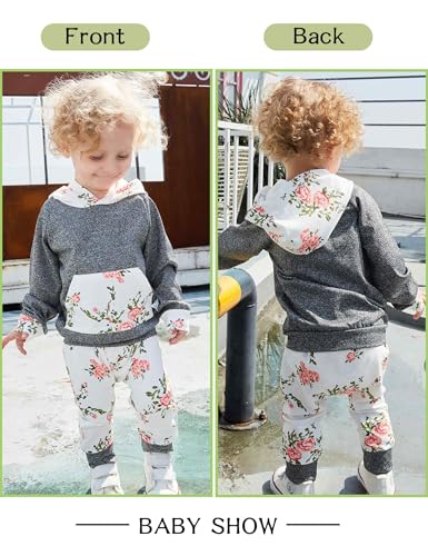 Image of Baby Girls Long Sleeve Flowers Hoodie Tops and Pants Outfit with Kangaroo Pocket Headband