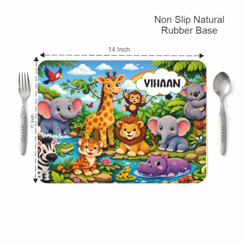 Image of Customized Table Mat with Name & Design Engraving | Personalized Dining Mat with Spoon & Fork | Customized Birthday Gift for Kids (Jungle)
