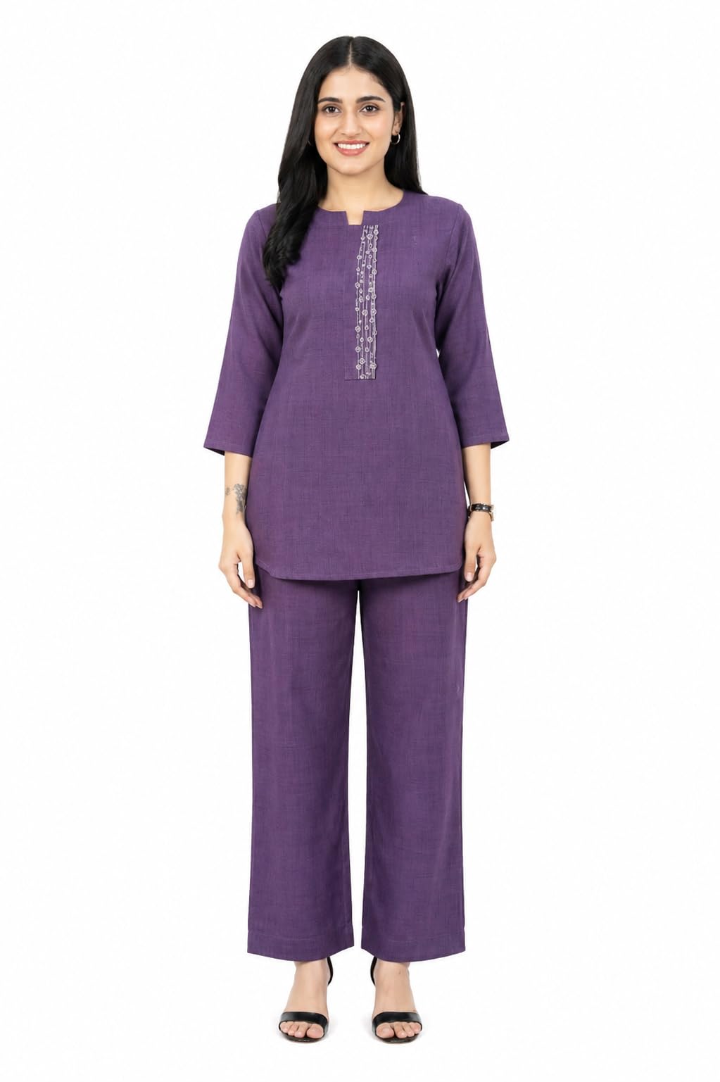 Women's Indi Vouge Viscose Blended Crush Co-ord Set | Solid A-Line Kurti with Wide Leg Pants | Round V-Neck 3/4 Sleeves Suit Set-picture-11