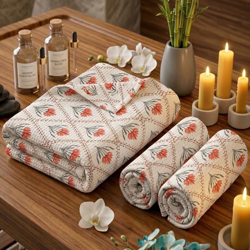 Image of Mafatlal Madhuban Lightweight Cotton Set (1 Bath 147x76 cm + 2 Hand 76x38 cm) | 250 GSM | Floral Hand Print, Quick Dry | Koi White Color