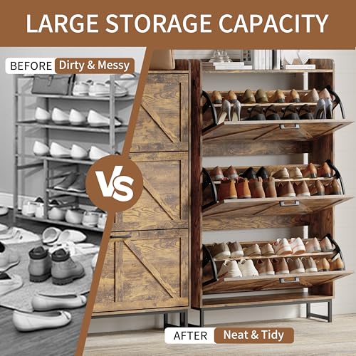 Image of Shoe Cabinet with 3 Flip Drawers, Freestanding Hidden Shoe Storage Organizer for Entryway, Narrow Slim Shoe Rack Cabinet with Open Storage & Hooks for Front Door Entrance, Living Room, Hallway, Brown