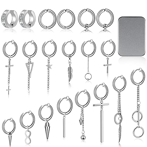 ONESING 20 Pcs Clip On Magnetic Earrings for Men - Dangle Hoop Sterling Non Pierced Fake Piercings - Stainless Steel Silver
