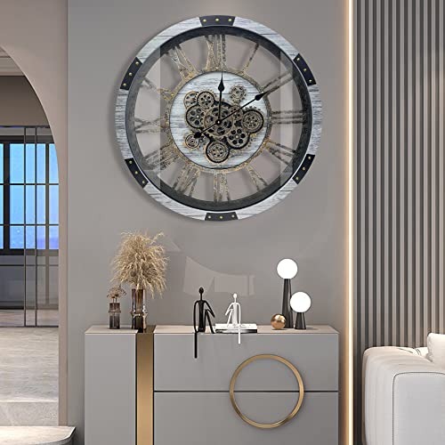 Dorboker 27" Original Moving Gears Wall Clock, Large Industrial Wall Clock For Living Room Decor, Retro Metal Solid Wood Vintage Farmhouse Steampunk Rustic Clocks For Wall Decor,Silver Grey #TOP5