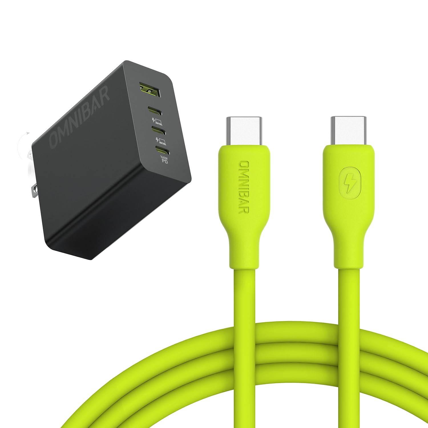 140W USB C Charger Block with Silicone USB C Charging Cable 6FT Lime Green 4-Port GaN Portable Laptop