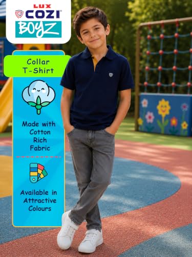 Image of Lux Cozi Boy's Polycotton Polo T-Shirt | Solid Collared Half Sleeve Tee for Kids | Soft Breathable Summer Wear | Casual Smart Polo T-Shirt | 3-14 Years