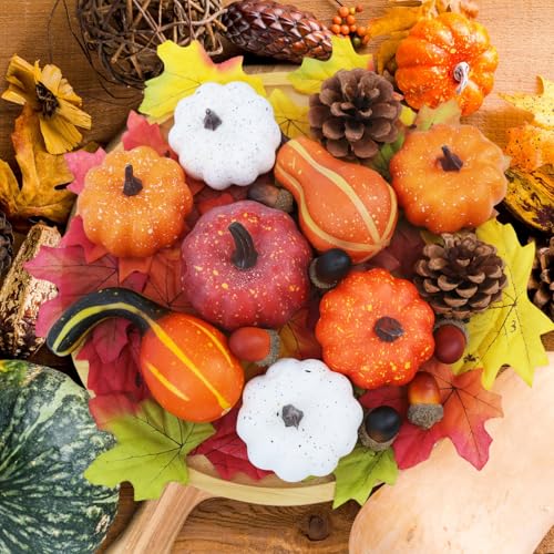 Image of 36PCS Mini Artificial Pumpkins Fall Decor Set - Realistic Small Fake Pumpkins for Decorating with Gourd Fall Leaves Acorns Pinecones for Autumn Table Centerpiece, Thanksgiving Harvest Home Decorations